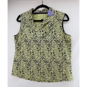 Sleeveless Lime Green Printed Tank Top with Notch Collar Detail